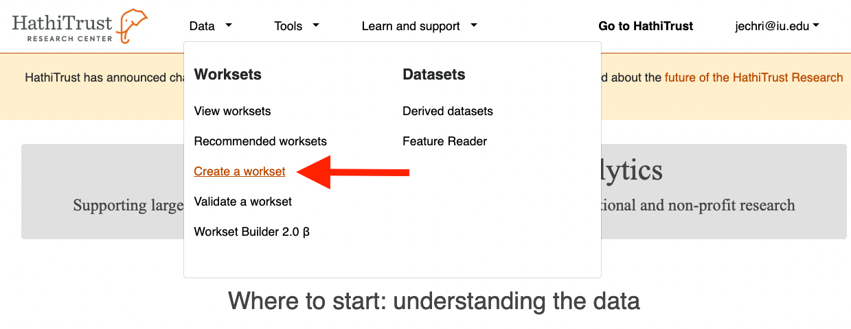 Red arrow pointing to the ‘Create a workset’ menu option