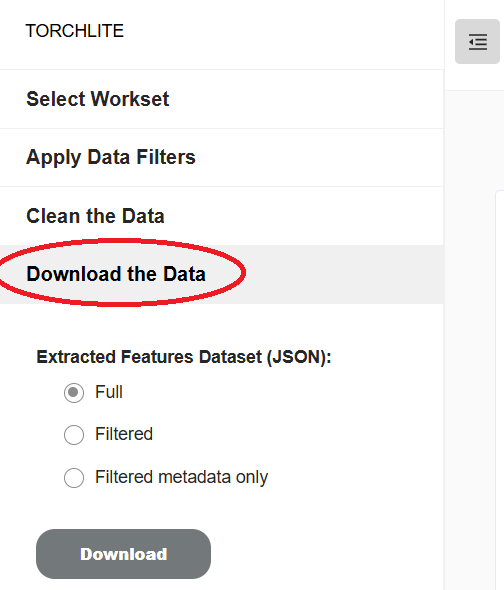 download the data section of the dashboard menu with a red circle highlighting the download option.