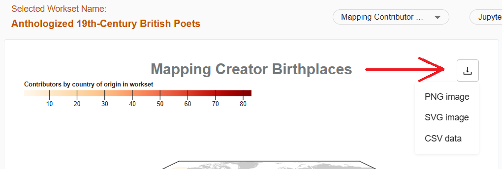 Mapping Creator Birthplaces widget with a red arrow pointing to the download button