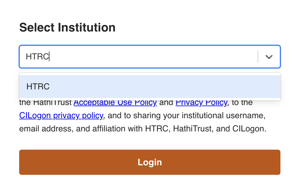 Sign in window showing the ‘HTRC’ option selected in the dropdown