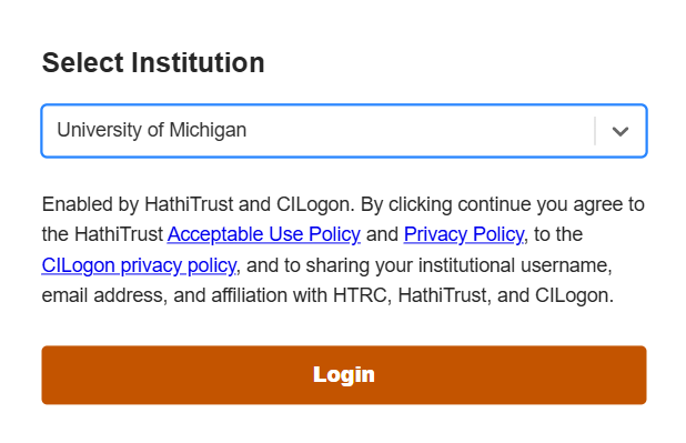 Sign in window with institutions dropdown